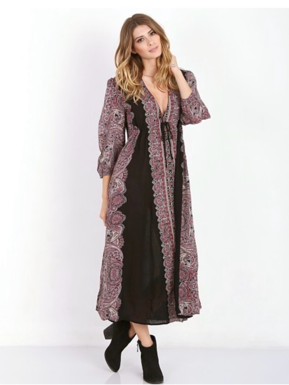 Free People Black Dress with Mauve Paisley Trim